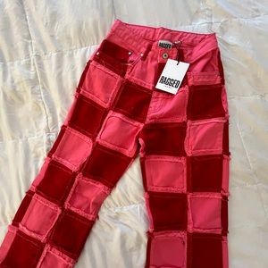 Ragged Pink and Red Color Block Jeans
